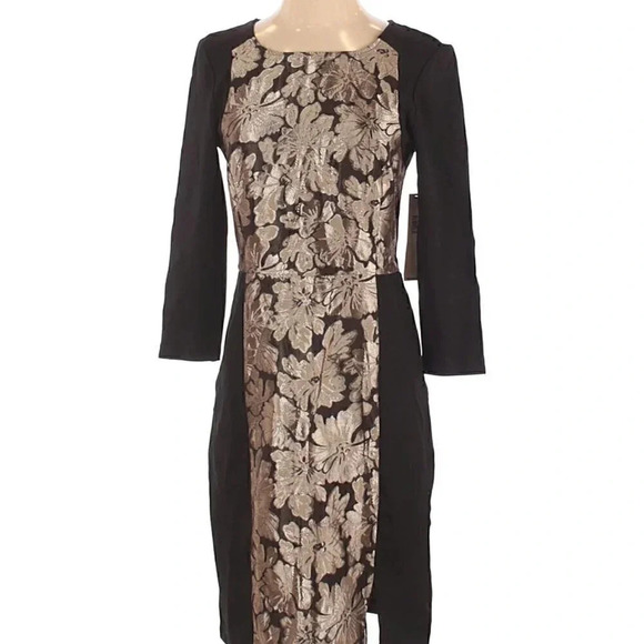 DKNYC Size 4 Long Sleeve Black and Gold Floral Ponte Sheath Dress NEW! - Picture 1 of 7